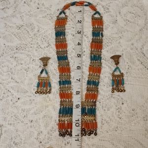 Vintage Mid Century Egyptian Revival Bib Necklace Clip Earring Set Faience